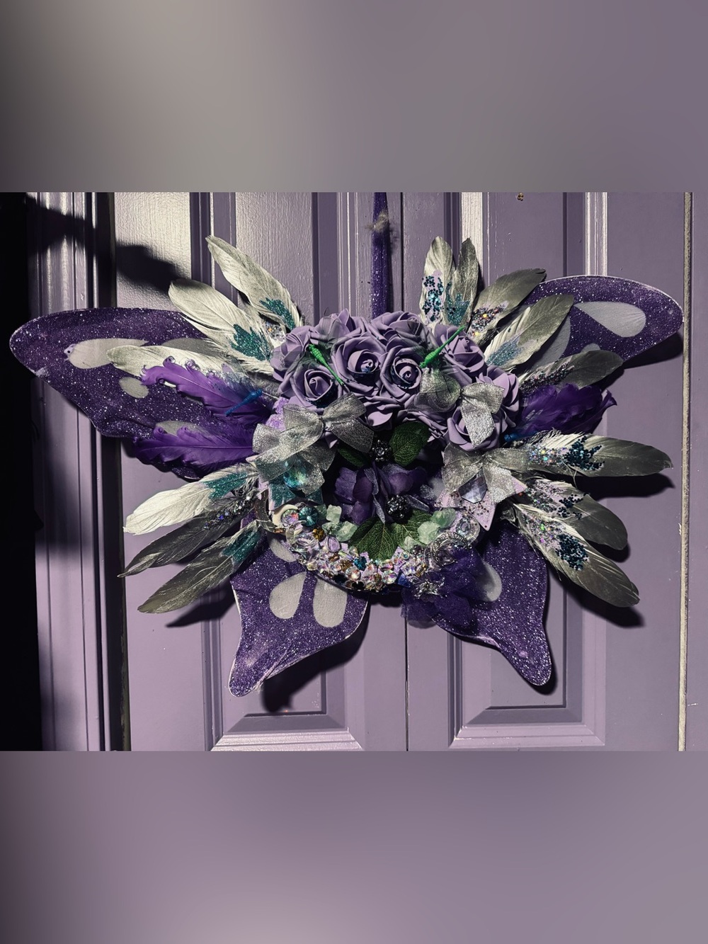 Lavender Purple Floral fairy wing Wreath with feathers/jewel accents